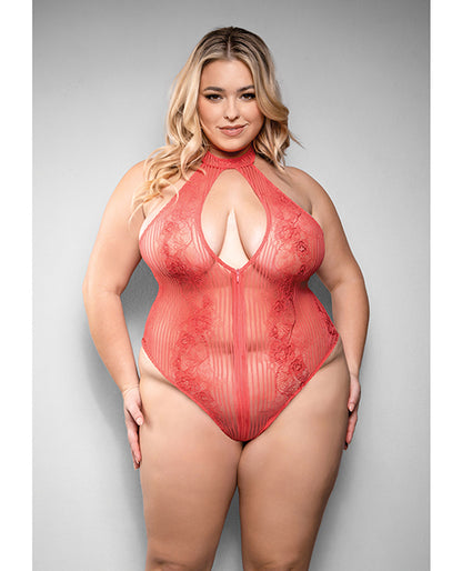 Temptress Calliope Striped Sheer Floral Lace Zippered Teddy - Coral 3X/4X