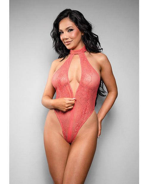 Temptress by Fantasy Temptress Calliope Striped Sheer Floral Lace Zippered Teddy - Coral L/XL - Image 2