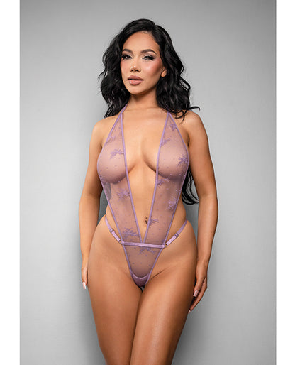 Temptress Gisele Sheer Floral Mesh Open Back Teddy - Lavender L/XL