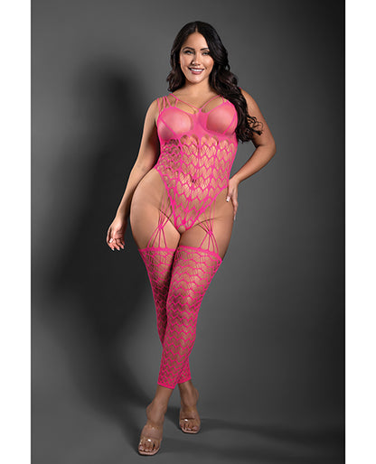 Sheer Next To You Crotchless Geometric Fishnet Teddy Bodystocking - Neon Pink QN