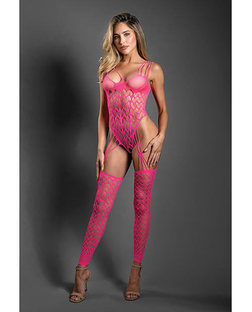 Sheer Next To You Crotchless Geometric Fishnet Teddy Bodystocking - Neon Pink O/S