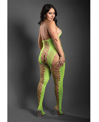 Sheer Unstoppable Crotchless Rhinestone Halter Bodystocking - Neon Green QN