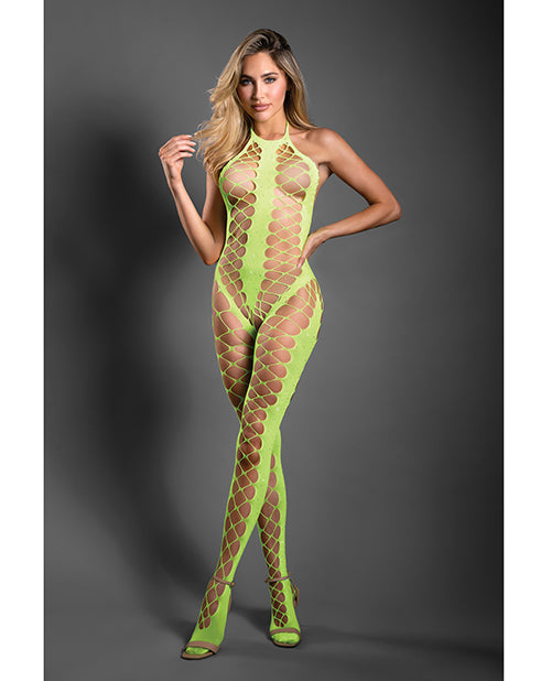 Sheer Unstoppable Crotchless Rhinestone Halter Bodystocking - Neon Green O/S