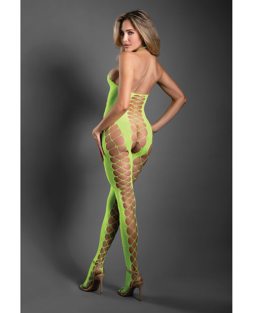 Sheer Unstoppable Crotchless Rhinestone Halter Bodystocking - Neon Green O/S