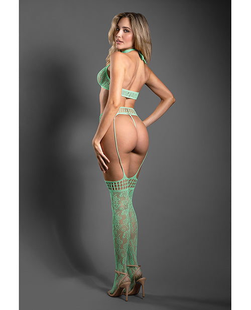 Sheer Heart Of Glass Lace Knit Halter Top w/G-String & Gartered Stockings 3 pc Set - Mint O/S