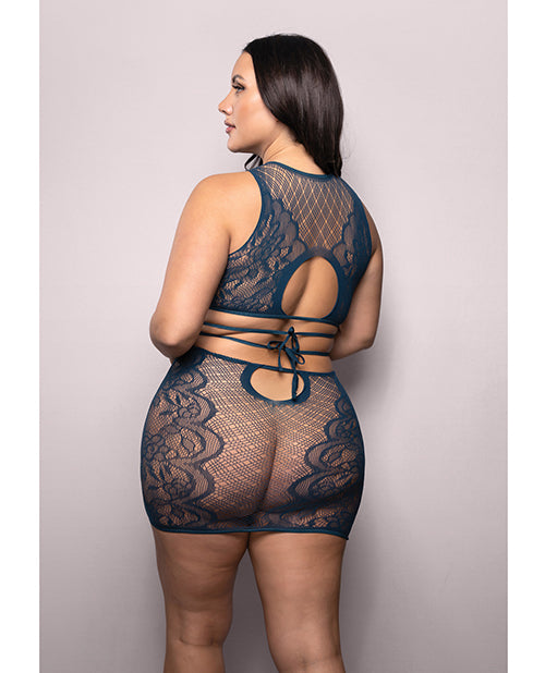 Vixen Floral Lace Knit Tie Back Top w/Skirt 2 pc Set - Navy QN