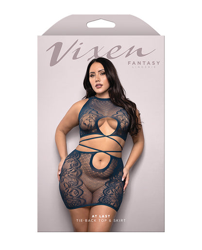 Vixen Floral Lace Knit Tie Back Top w/Skirt 2 pc Set - Navy QN