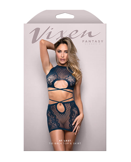 Vixen At Last Floral Lace Knit Tie Back Top w/Skirt 2 pc Set - Navy O/S