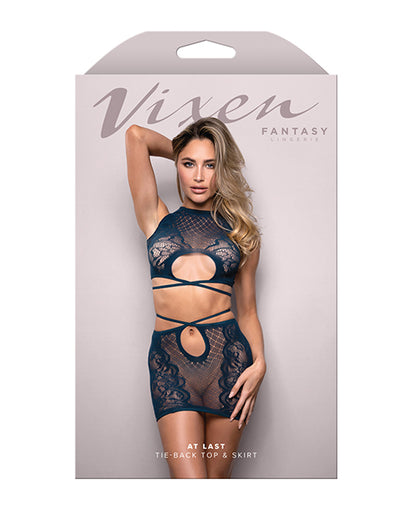 Vixen At Last Floral Lace Knit Tie Back Top w/Skirt 2 pc Set - Navy O/S
