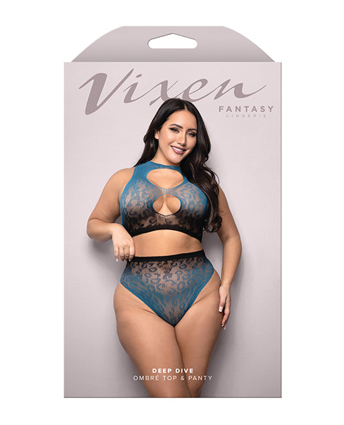 Vixen Deep Dive Ombre Leopard Knit Keyhole Top w/Panty 2 pc Set - Black/Blue QN