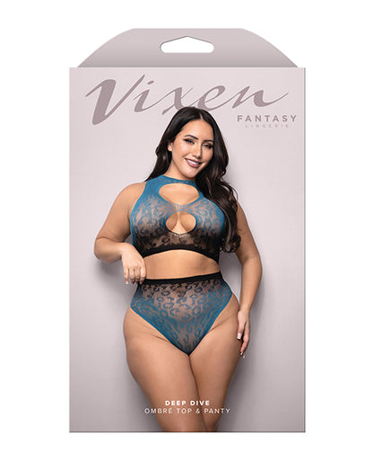 Vixen Deep Dive Ombre Leopard Knit Keyhole Top w/Panty 2 pc Set - Black/Blue QN