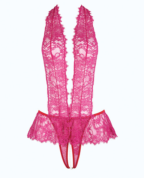 Jocelyn Lace Halter Teddy w/Open Crotch - Raspberry 1X/2X