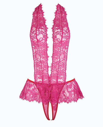 Jocelyn Lace Halter Teddy w/Open Crotch - Raspberry MD