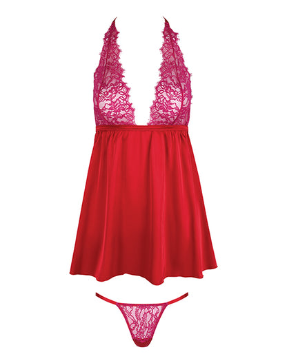 House of Desire Jocelyn Lace & Satin Halter Mini Babydoll Dress w/Thong - Raspberry 3X/4X - Image 5