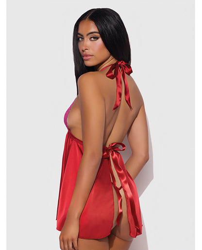 House of Desire Jocelyn Lace & Satin Halter Mini Babydoll Dress w/Thong - Raspberry SM - Image 2