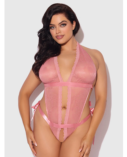 House of Desire Kiki Lace & Satin Drop Off Teddy - Rose 1X/2X