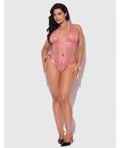 House of Desire Kiki Lace & Satin Drop Off Teddy - Rose 1X/2X - Image 3