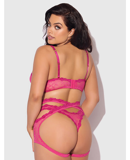 House of Desire Yvone Lace Bra w/Removable Straps, Garter & Tanga Panty 3 pc Set - Pink 1X/2X - Image 4
