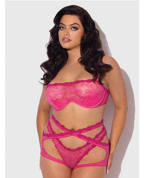 House of Desire Yvone Lace Bra w/Removable Straps, Garter & Tanga Panty 3 pc Set - Pink 3X/4X - Image 5