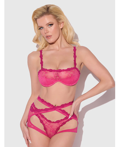 Yvone Lace Bra w/Removable Straps, Garter & Tanga Panty 3 pc Set - Pink MD
