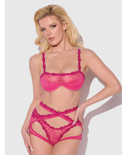 Yvone Lace Bra w/Removable Straps, Garter & Tanga Panty 3 pc Set - Pink MD