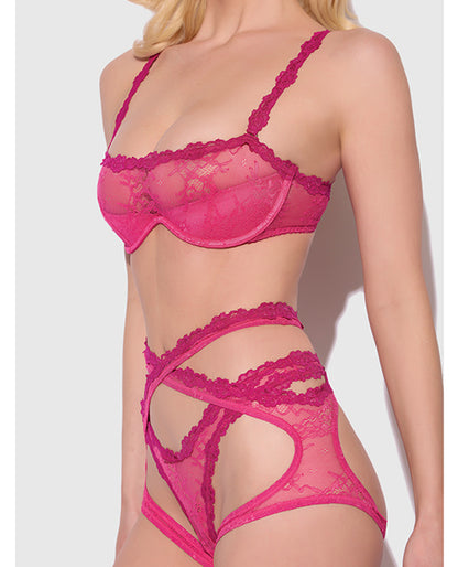Yvone Lace Bra w/Removable Straps, Garter & Tanga Panty 3 pc Set - Pink XL