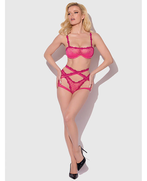 Yvone Lace Bra w/Removable Straps, Garter & Tanga Panty 3 pc Set - Pink XL