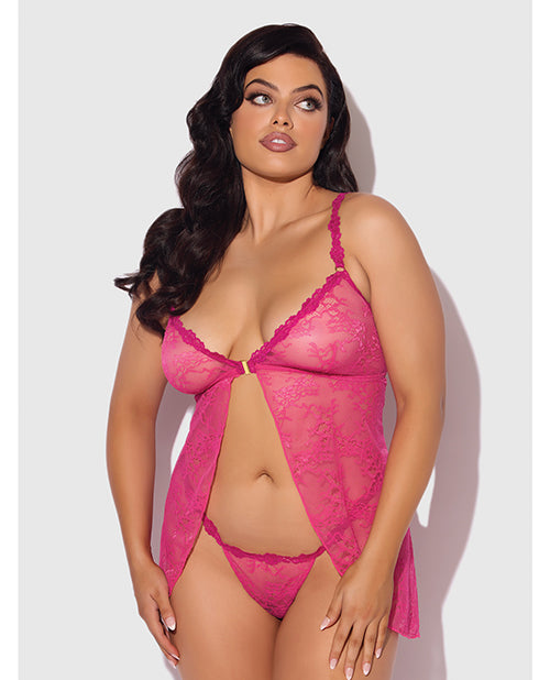 Yvone Lace Babydoll w/Front Closure & G-String 2 pc Set - Pink 1X/2X