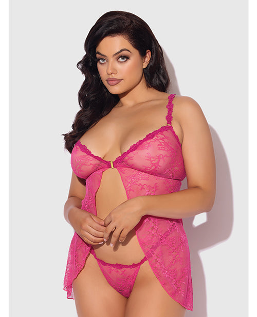 Yvone Lace Babydoll w/Front Closure & G-String 2 pc Set - Pink 1X/2X