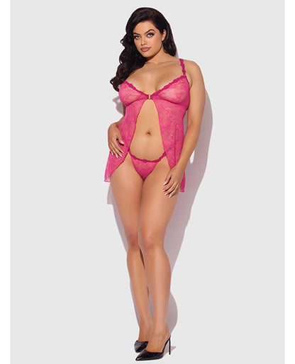Yvone Lace Babydoll w/Front Closure & G-String 2 pc Set - Pink 3X/4X