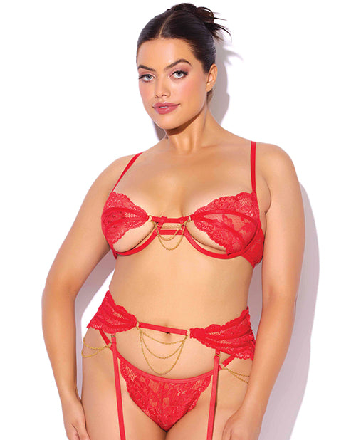 Cecily Lace Cut-Out Bra & Thong w/Garter Straps - Red 1X/2X