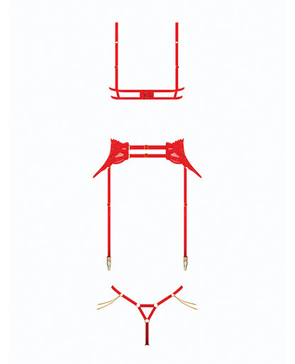 Cecily Lace Cut-Out Bra & Thong w/Garter Straps - Red 1X/2X