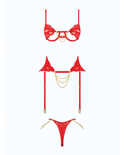 Cecily Lace Cut-Out Bra & Thong w/Garter Straps - Red LG