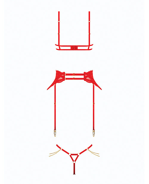 Cecily Lace Cut-Out Bra & Thong w/Garter Straps - Red LG