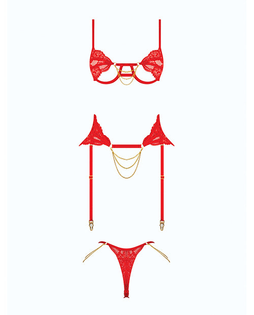 Cecily Lace Cut-Out Bra & Thong w/Garter Straps - Red SM