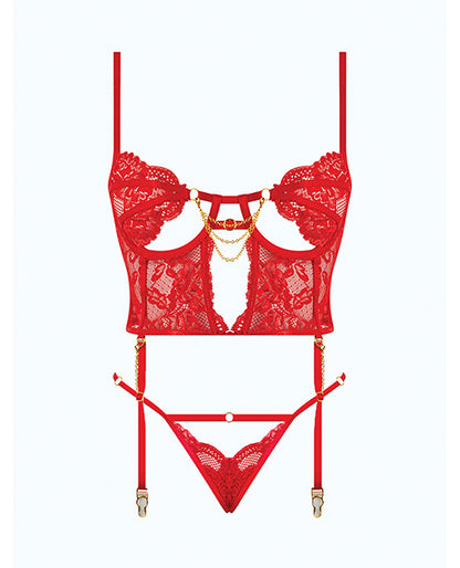 Cecily Lace & Mesh Bustier w/Thong & Garter Straps - Red 1X/2X