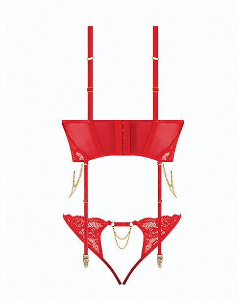 Cecily Lace & Mesh Bustier w/Thong & Garter Straps - Red 1X/2X