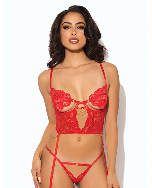 Cecily Lace & Mesh Bustier w/Thong & Garter Straps - Red LG