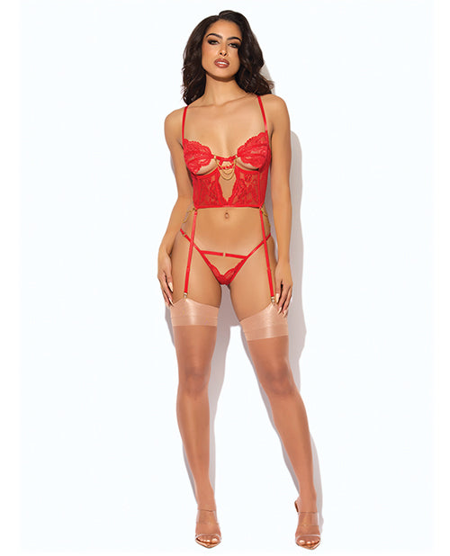 Cecily Lace & Mesh Bustier w/Thong & Garter Straps - Red SM