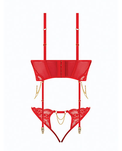 Cecily Lace & Mesh Bustier w/Thong & Garter Straps - Red SM