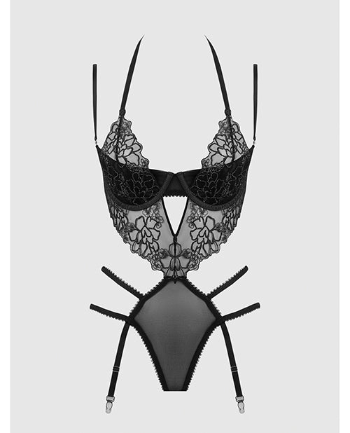 Eden Embroidered Lace & Mesh Teddy w/Garters - Black 3X/4X