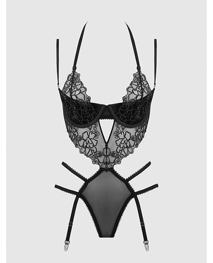 Eden Embroidered Lace & Mesh Teddy w/Garters - Black 3X/4X