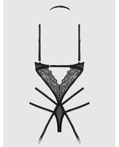 Eden Embroidered Lace & Mesh Teddy w/Garters - Black MD