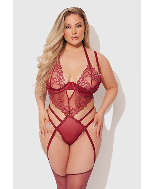 Eden Embroidered Lace & Mesh Teddy w/Garters - Dark Red 1X/2X