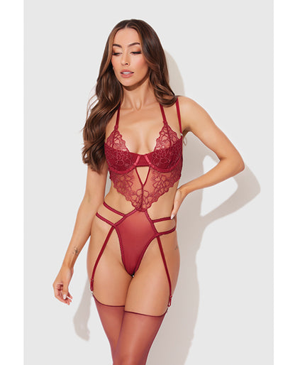 Eden Embroidered Lace & Mesh Teddy w/Garters - Dark Red LG