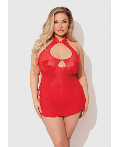 House of Desire Dragon Mesh & Applique Chemise w/G-String 2 pc Set - Red 1X/2X - Image 5