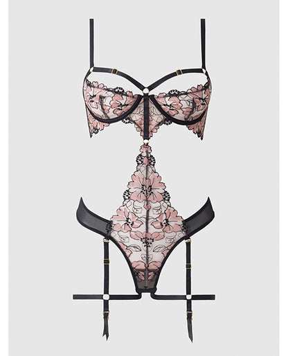 Nova Lace Teddy w/Garters - Black SM