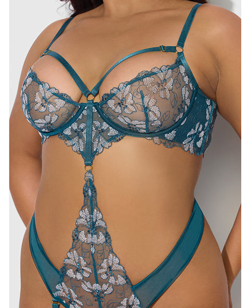 Nova Lace Teddy w/Garters - Jade Blue 1X/2X