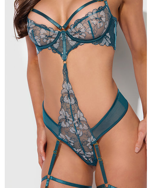 Nova Lace Teddy w/Garters - Jade Blue LG
