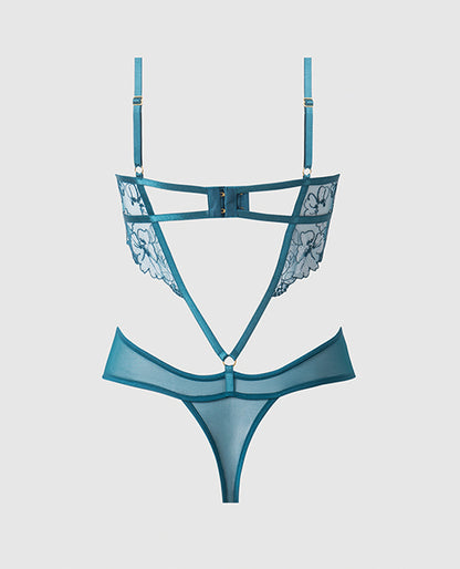 Nova Lace Teddy w/Garters - Jade Blue MD